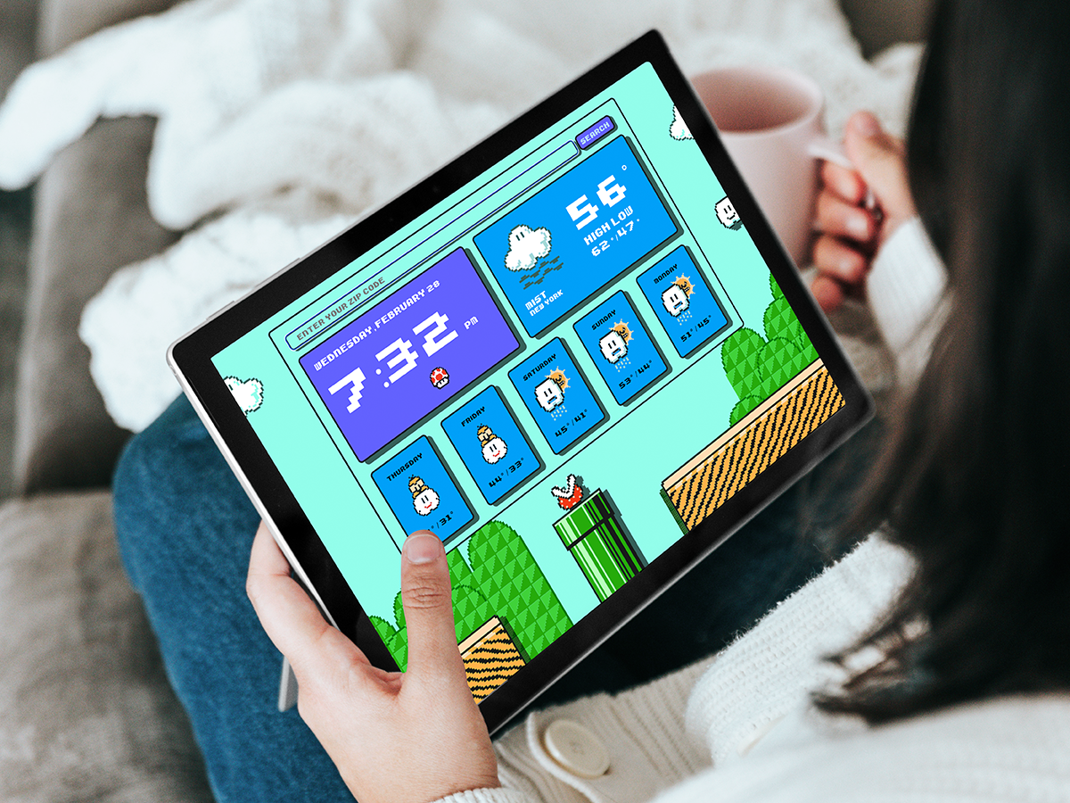 8-Bit Weather App tablet screen mockup